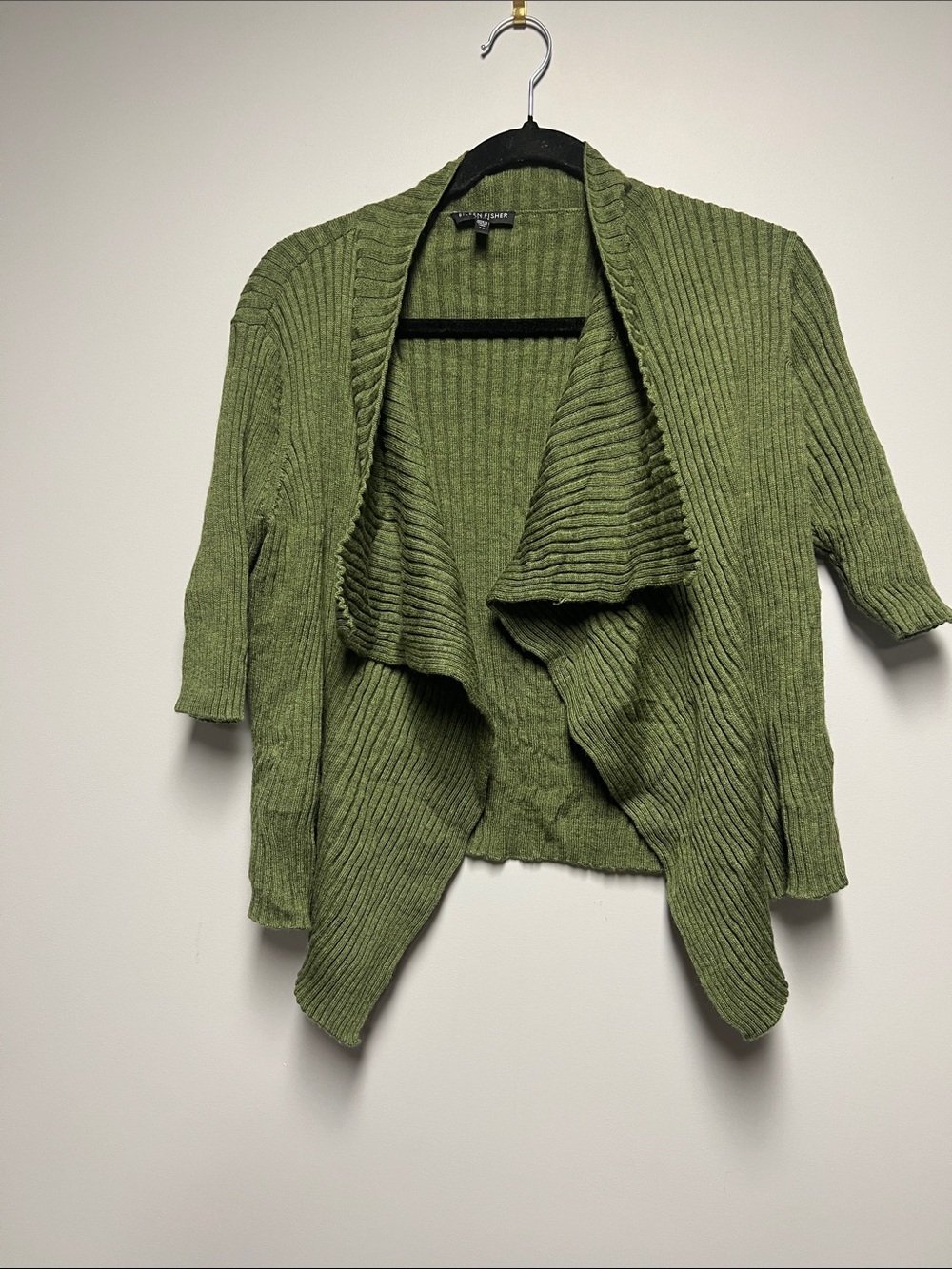 Eileen Fisher Olive Ribbed Drape-Front Cardigan